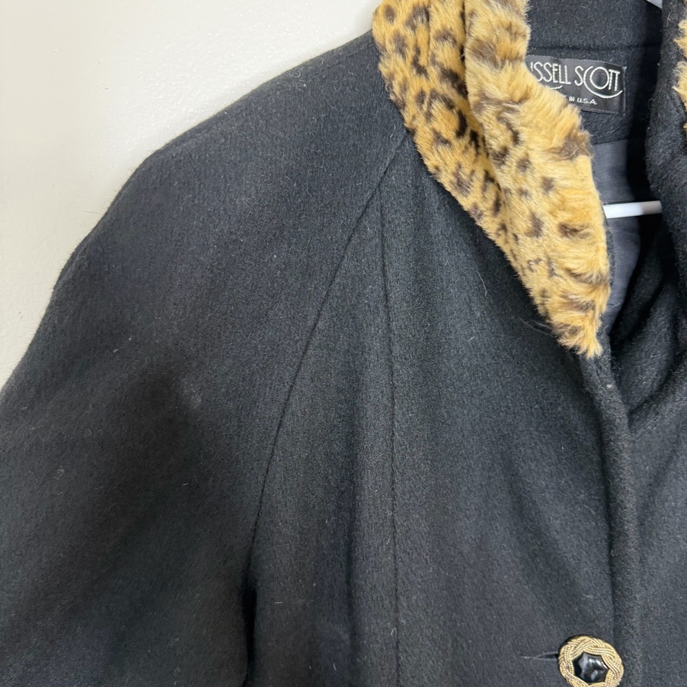 Russell Scott Vintage Coat Black Wool Blend Leopard Trim Long Elegant USA - Picture 9 of 14
